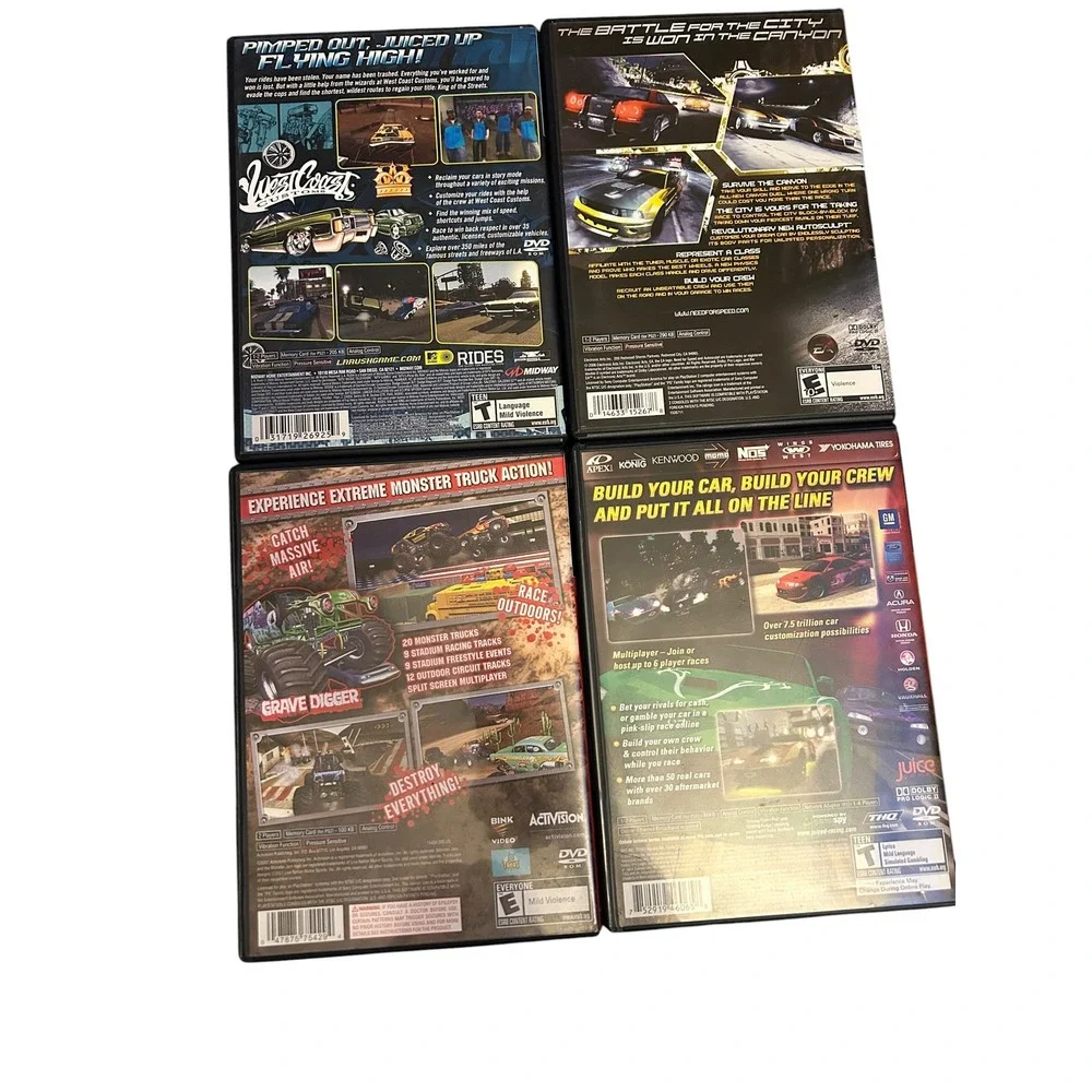PS2 Racing Game Lot of 4- Need For Speed Carbon, L.A. Rush, Juiced, Monster Jam
